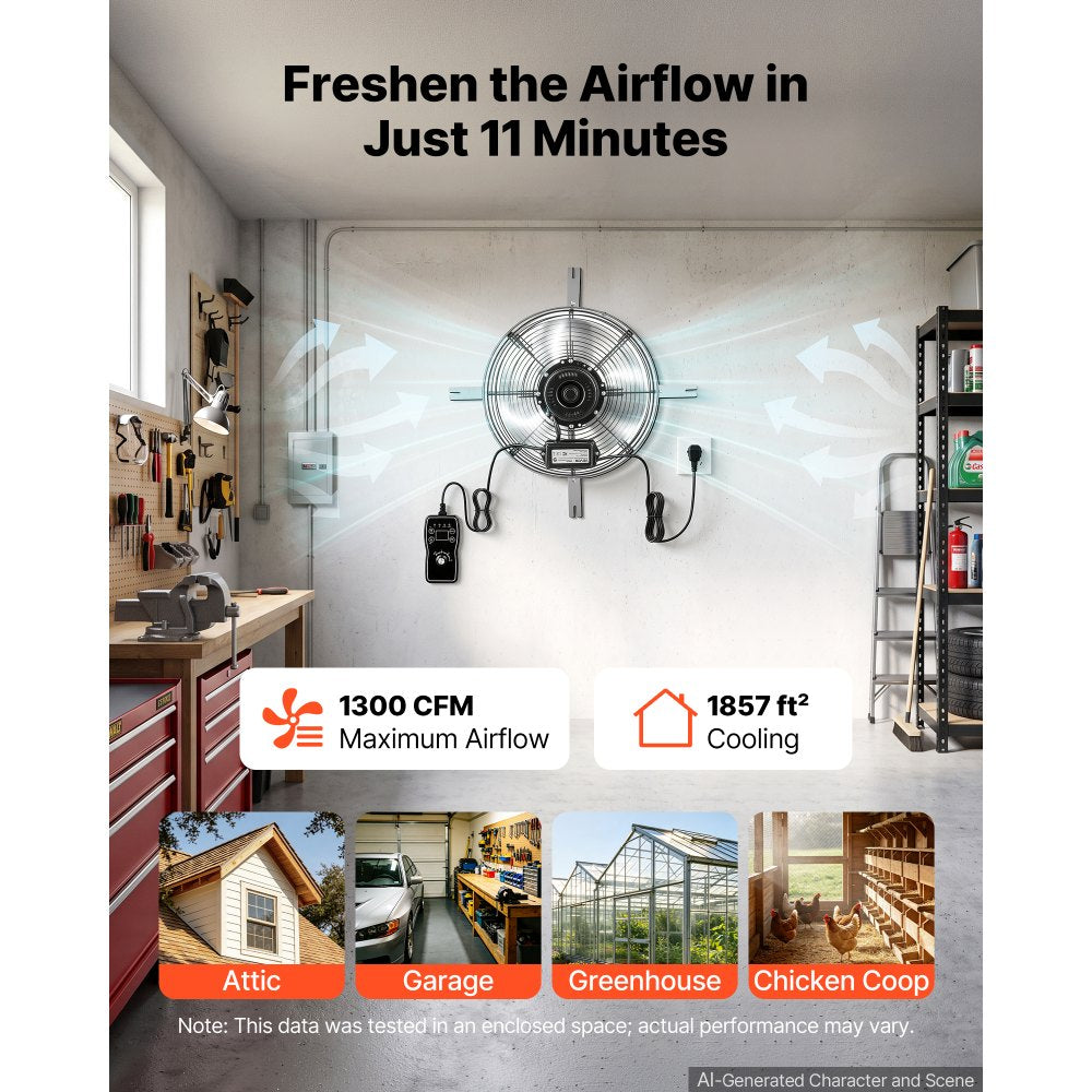 VEVOR Gable Mount Fan, 15 in Gable Attic Vent Exhaust Fan with Thermostat, 1300 CFM Cooling and Ventilation for Home, Garage, Warehouses, Workshops, Carbon Steel Housing with Mounting Bracket, Silver