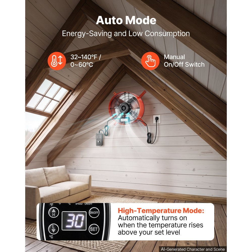 VEVOR Gable Mount Fan, 15 in Attic Vent Exhaust Fan 1650 CFM Thermostat, Cooling and Ventilation for Home, Garage, Warehouse, Workshop, Carbon Steel Housing with Mounting Brackets & Hardware, Orange