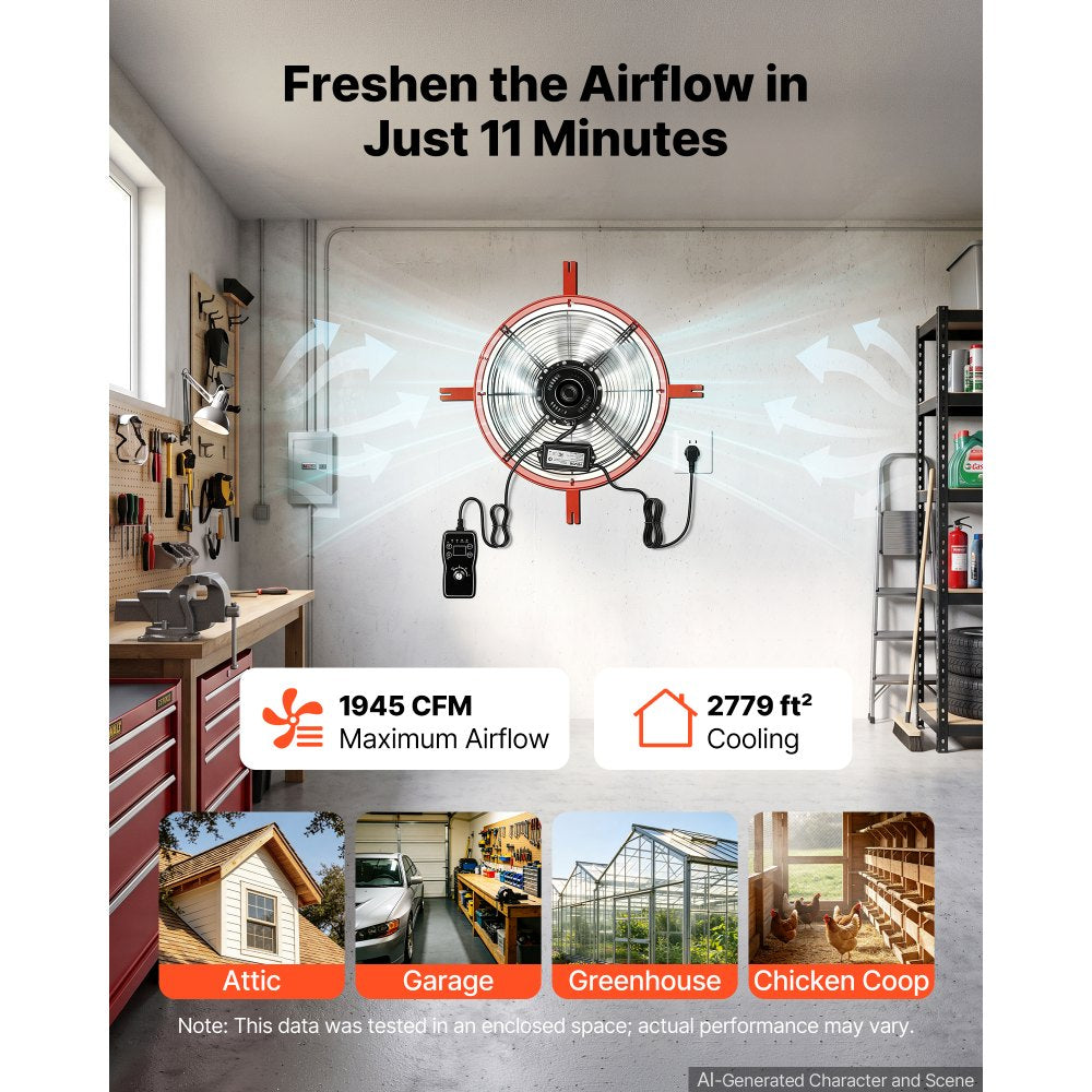 VEVOR Gable Mount Fan, 16 in Attic Vent Exhaust Fan 1945 CFM Thermostat, Cooling and Ventilation for Home, Garage, Warehouse, Workshop, Carbon Steel Housing with Mounting Brackets & Hardware, Orange