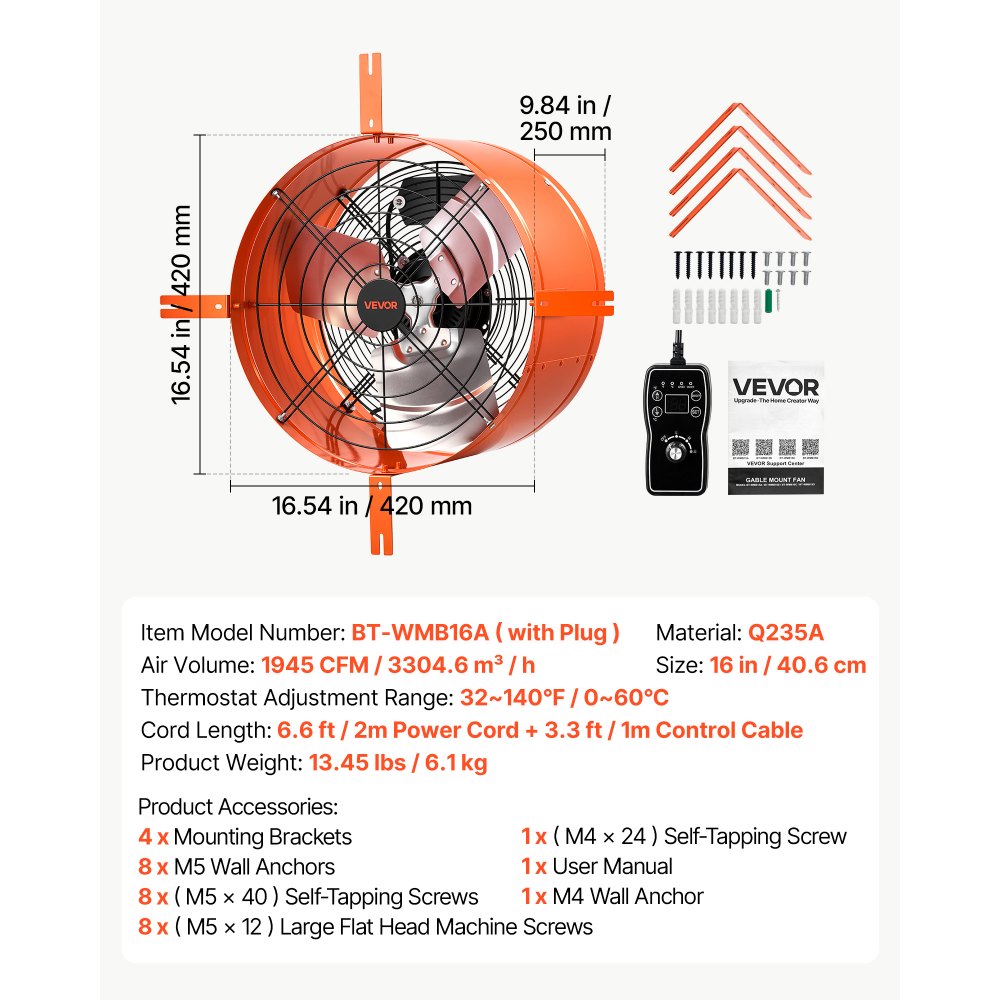 VEVOR Gable Mount Fan, 16 in Attic Vent Exhaust Fan 1945 CFM Thermostat, Cooling and Ventilation for Home, Garage, Warehouse, Workshop, Carbon Steel Housing with Mounting Brackets & Hardware, Orange