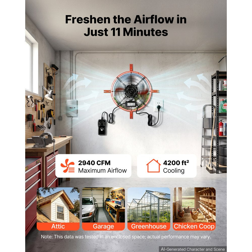 VEVOR Gable Mount Fan, 16 in Attic Vent Exhaust Fan 2940 CFM Thermostat, Cooling and Ventilation for Home, Garage, Warehouse, Workshop, Carbon Steel Housing with Mounting Brackets & Hardware, Orange