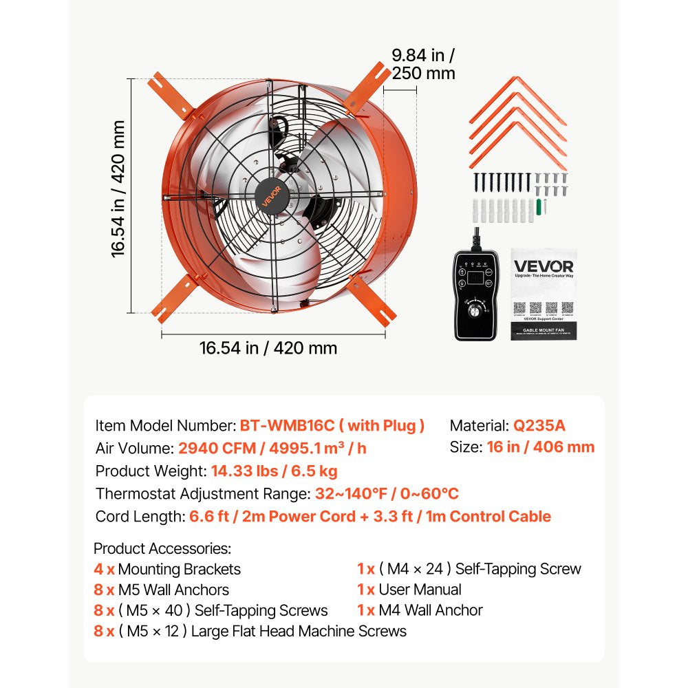 VEVOR Gable Mount Fan, 16 in Attic Vent Exhaust Fan 2940 CFM Thermostat, Cooling and Ventilation for Home, Garage, Warehouse, Workshop, Carbon Steel Housing with Mounting Brackets & Hardware, Orange