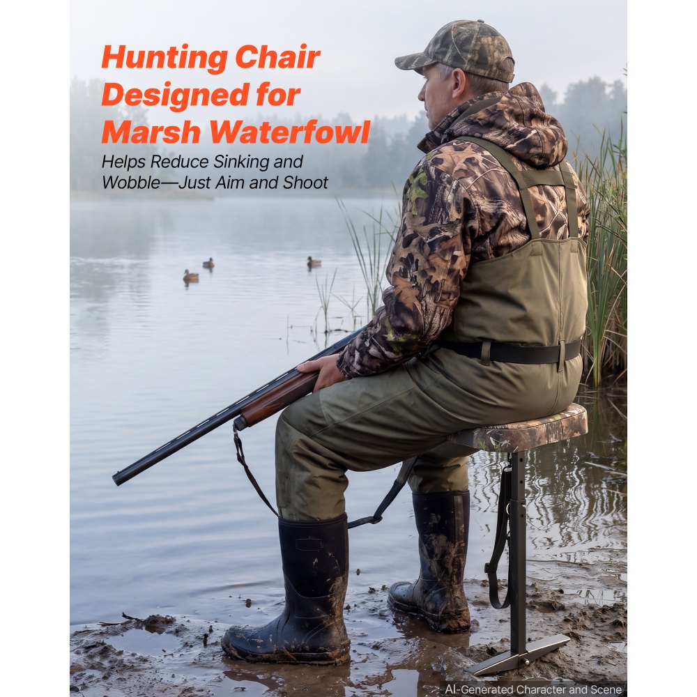 VEVOR Marsh Seat, 25.6-37 in Adjustable Duck Hunting Seat, 300 lb Capacity, Waterfowl Mud Seat for Wetlands & Swamps, 2 Large Mud Plates, Lightweight Aluminum Frame, 600D Camo Fabric & Shoulder Strap
