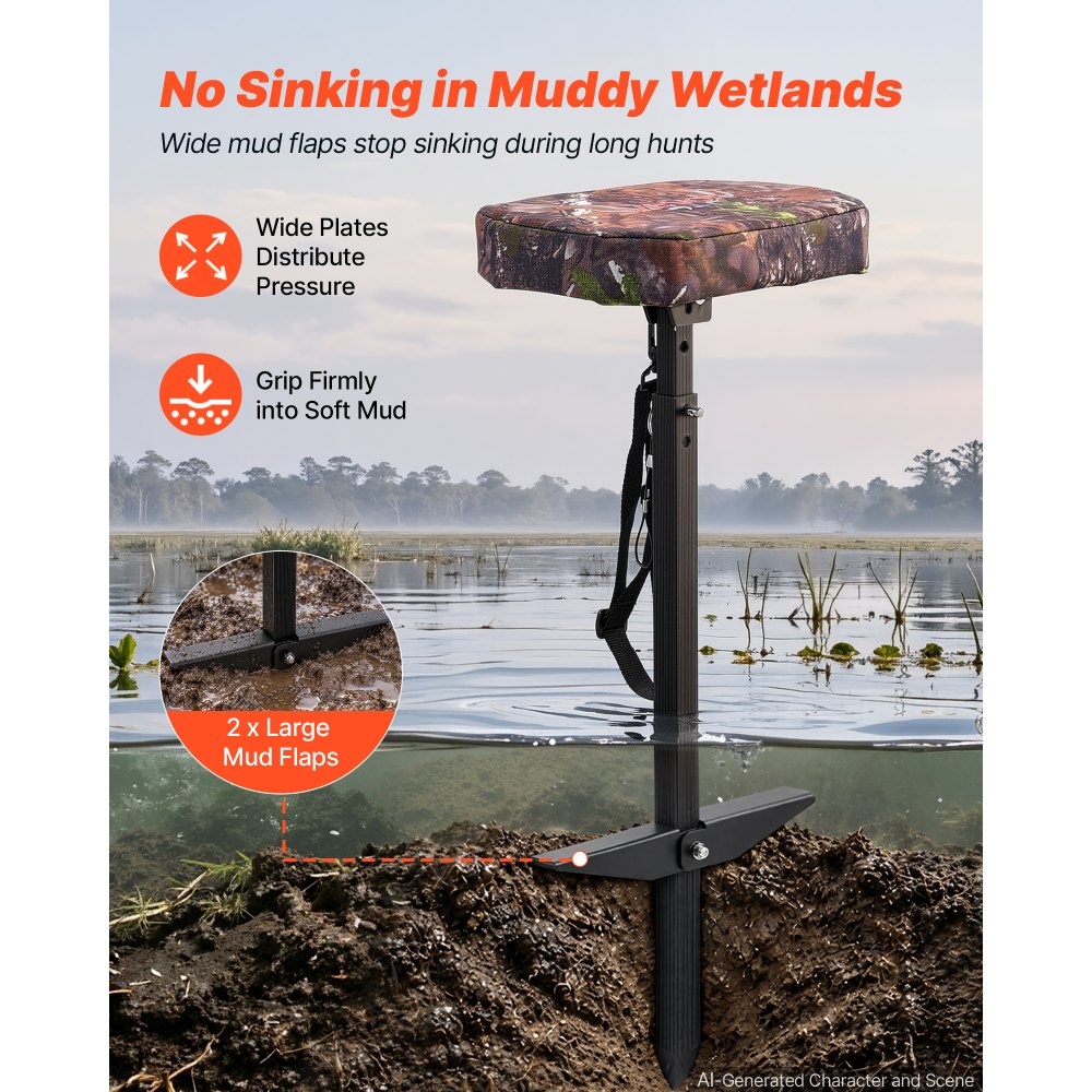 VEVOR Marsh Seat, 25.6-37 in Adjustable Duck Hunting Seat, 300 lb Capacity, Waterfowl Mud Seat for Wetlands & Swamps, 2 Large Mud Plates, Lightweight Aluminum Frame, 600D Camo Fabric & Shoulder Strap