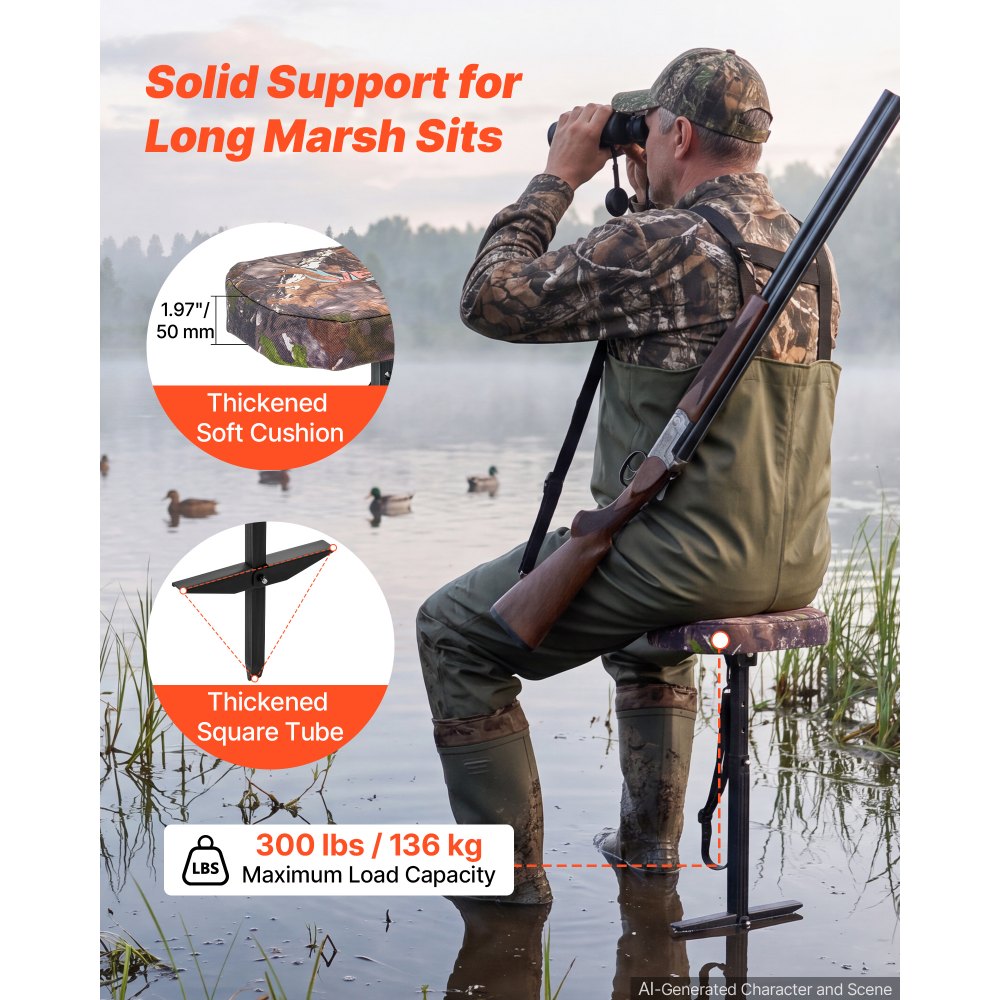 VEVOR Marsh Seat, 25.6-37 in Adjustable Duck Hunting Seat, 300 lb Capacity, Waterfowl Mud Seat for Wetlands & Swamps, 2 Large Mud Plates, Lightweight Aluminum Frame, 600D Camo Fabric & Shoulder Strap