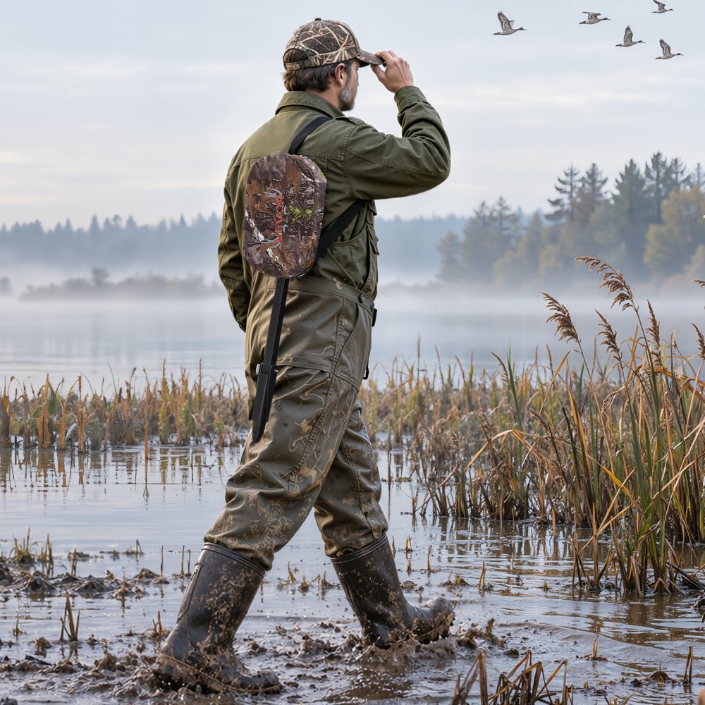 VEVOR Marsh Seat, 25.6-37 in Adjustable Duck Hunting Seat, 300 lb Capacity, Waterfowl Mud Seat for Wetlands & Swamps, 2 Large Mud Plates, Lightweight Aluminum Frame, 600D Camo Fabric & Shoulder Strap