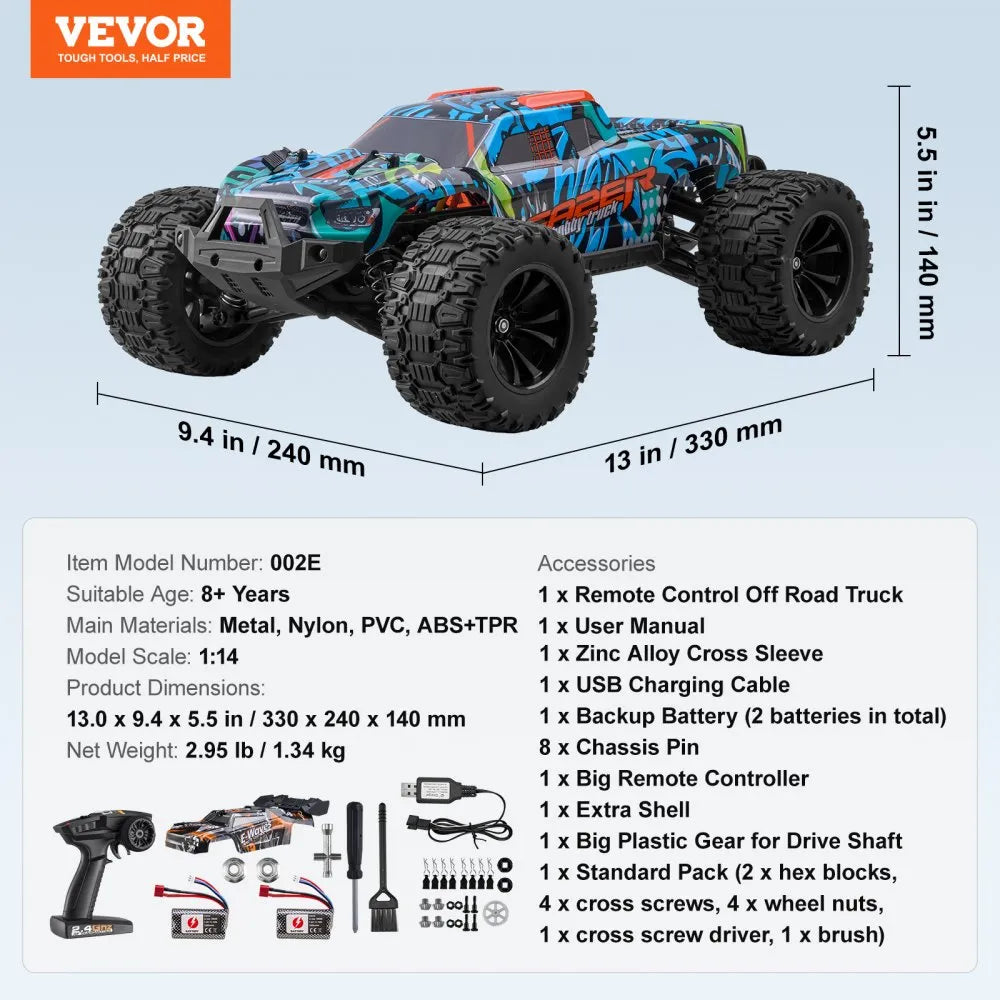 VEVOR Remote Control Car, 1:14 Scale RC Car for Kids, All Terrain 4WD Off-Road Truck with 1 Extra Car Shell, 45° Wheelie & Adjustable Speed, 42 km/h Hobby RC Car Toy, for 8+ Year Boys Girls
