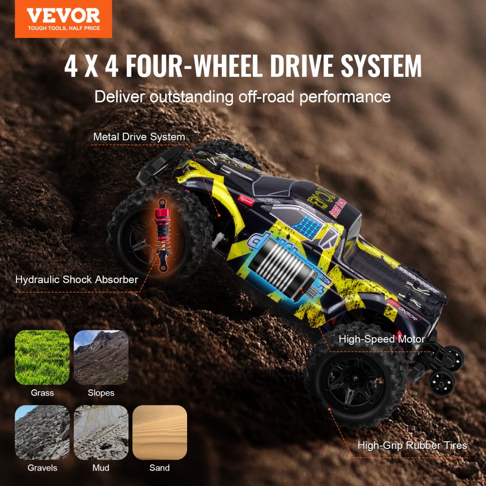 VEVOR Remote Control Car, 1:18 Scale RC Car for Kids, All Terrain 4WD Off-Road Truck with 45° Wheelie & Adjustable Speed, 45 km/h High-Speed Hobby RC Racing Car Toy, Ideal Gift for 8+ Year Kids, IPX4