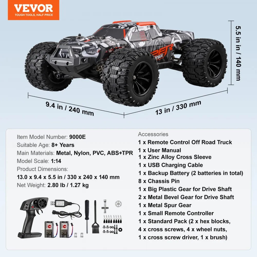 VEVOR Remote Control Car, 1:14 Scale RC Car for Kids, All Terrain 4WD Off-Road Monster Truck with 45° Wheelie & 2 Batteries, 38 km/h High Speed Hobby Racing Car - Ideal Gift for 8+ Years Kids