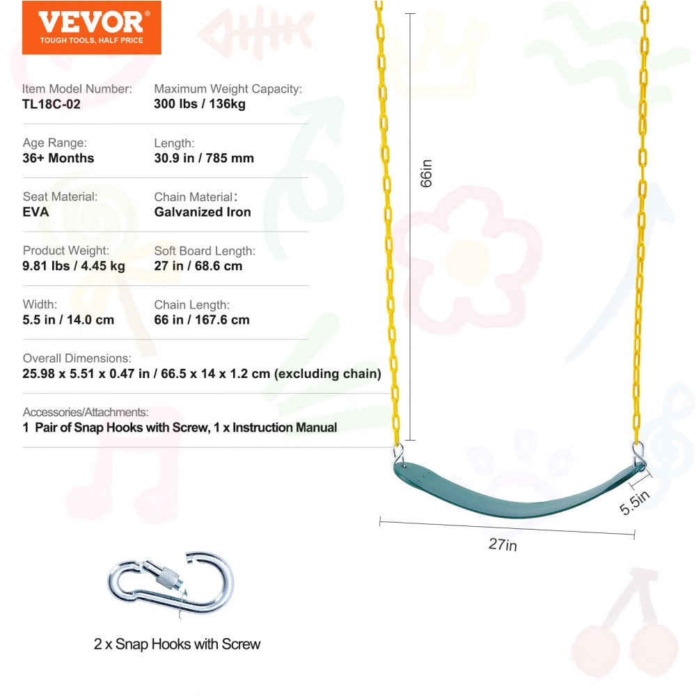 VEVOR 2-Pack Swing Seats, with 66 Inch Coated Chains and Snap Hooks, Support 300 lbs Swings Replacement for Outdoor Swing Set, Swing Set Accessories for Kids, for Outdoor and Indoor Use, Green