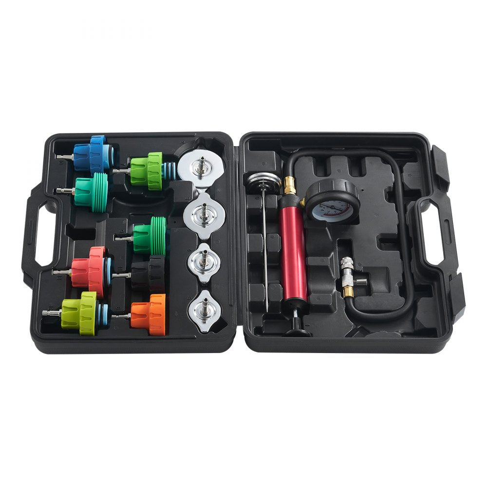 VEVOR 14 pcs Universal Radiator Pressure Tester Kit, Coolant Pressure Tester Kit with Manual Pump and Color-coded Steel Test Cap Adapters, with Toolbox, For Cars Motorcycles Trucks Cooling System