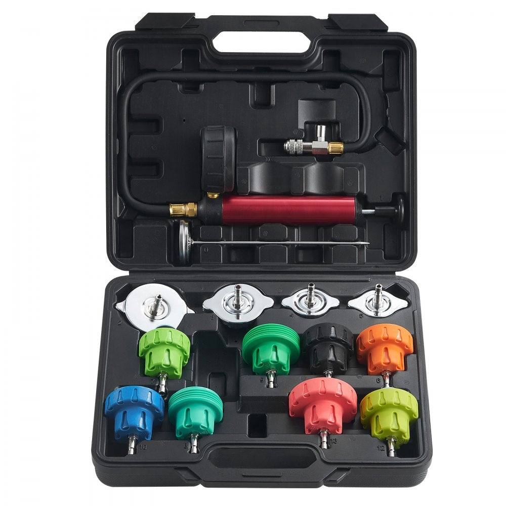 VEVOR 14 pcs Universal Radiator Pressure Tester Kit, Coolant Pressure Tester Kit with Manual Pump and Color-coded Steel Test Cap Adapters, with Toolbox, For Cars Motorcycles Trucks Cooling System