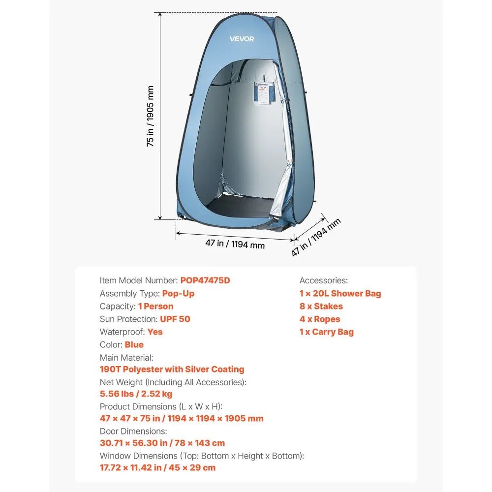 VEVOR Pop up Shower Tent, Instant Portable Privacy Tent Changing Room with Shower Bag, Ground Stakes, Ropes, Carry Bag, 190T Polyester with Silver Coating, Quick Setup, for Camping, Beach, Fishing