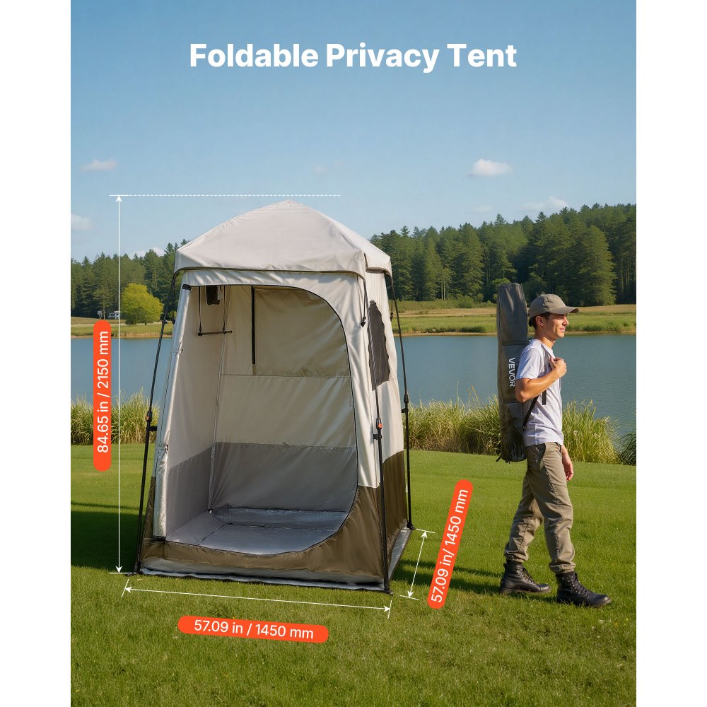 VEVOR Camping Shower Tent, 1 Room, Foldable Privacy Tent Changing Room with Ground Stakes, Ropes, Carry Bag, and Crossbar, 210D Oxford Fabric with Silver Coating, for Camping, Beach, and Fishing
