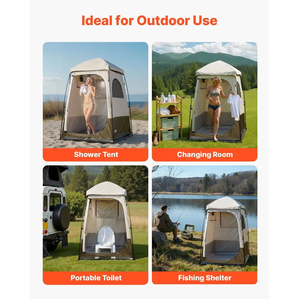 VEVOR Camping Shower Tent, 1 Room, Foldable Privacy Tent Changing Room with Ground Stakes, Ropes, Carry Bag, and Crossbar, 210D Oxford Fabric with Silver Coating, for Camping, Beach, and Fishing