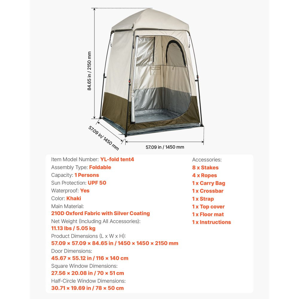 VEVOR Camping Shower Tent, 1 Room, Foldable Privacy Tent Changing Room with Ground Stakes, Ropes, Carry Bag, and Crossbar, 210D Oxford Fabric with Silver Coating, for Camping, Beach, and Fishing