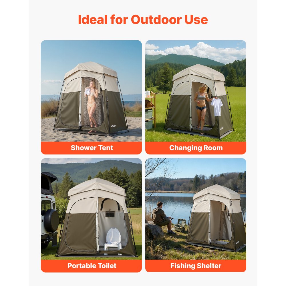 VEVOR Camping Shower Tent, 2-Room Foldable Portable Privacy Tent Changing Room with Ground Stakes, Ropes, and Carry Bag, 150D Oxford Fabric with Silver Coating, for Camping, Beach, and Fishing