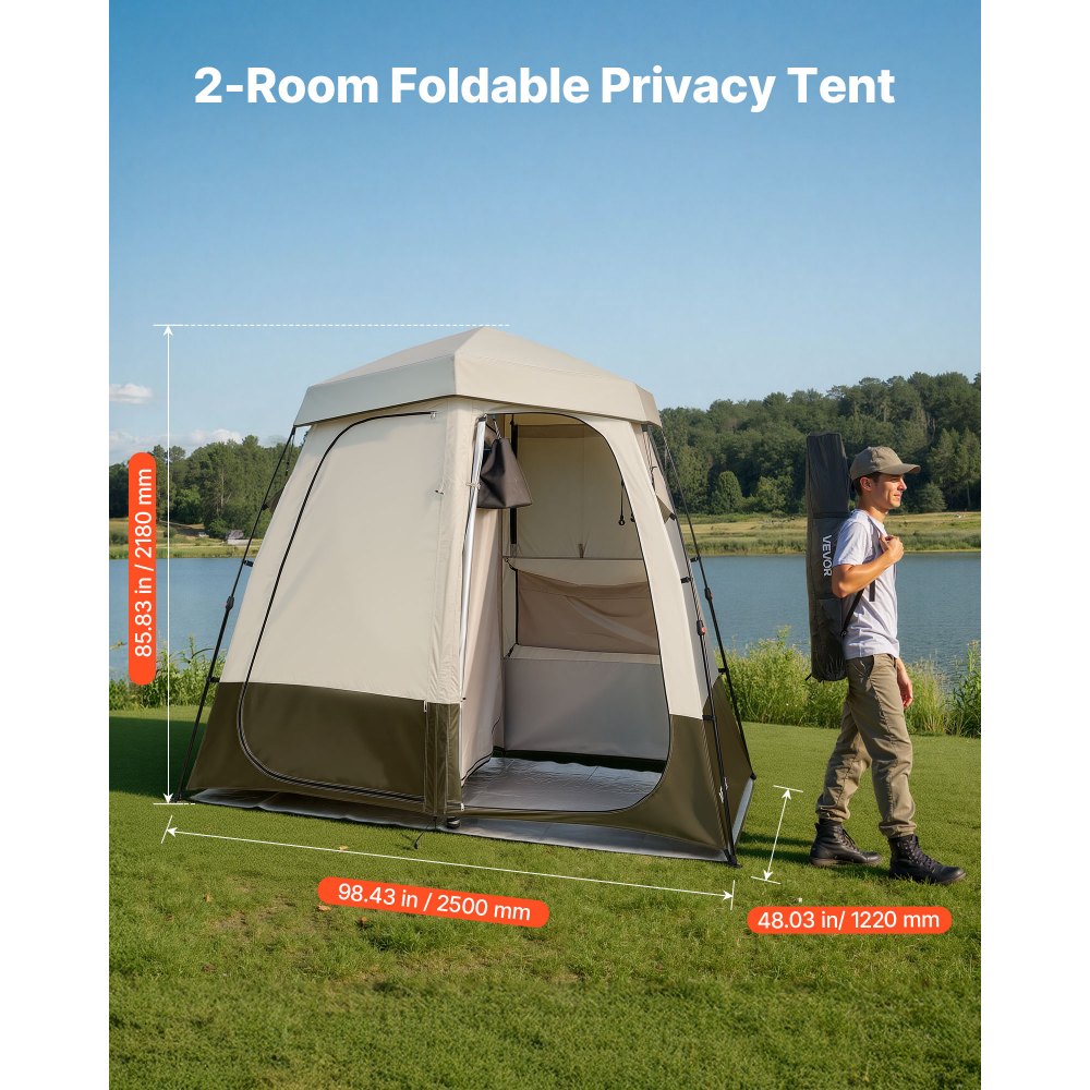 VEVOR Camping Shower Tent, 2-Room Foldable Privacy Tent Changing Room with Ground Stakes, Ropes, Carry Bag, and Crossbar, 150D Oxford Fabric with Silver Coating, for Camping, Beach, and Fishing