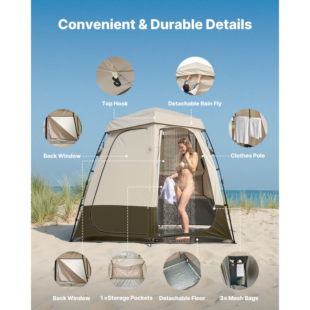 VEVOR Camping Shower Tent, 2-Room Foldable Privacy Tent Changing Room with Ground Stakes, Ropes, Carry Bag, and Crossbar, 150D Oxford Fabric with Silver Coating, for Camping, Beach, and Fishing