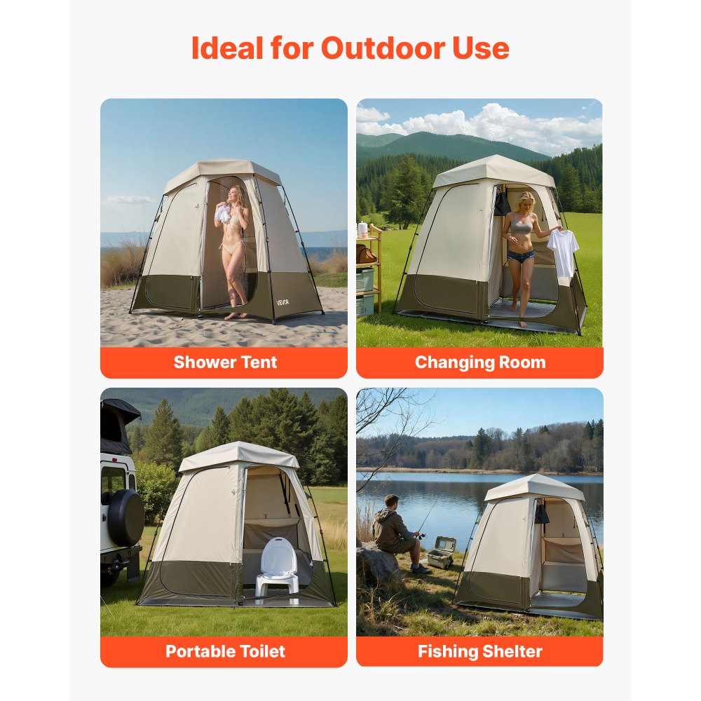 VEVOR Camping Shower Tent, 2-Room Foldable Privacy Tent Changing Room with Ground Stakes, Ropes, Carry Bag, and Crossbar, 150D Oxford Fabric with Silver Coating, for Camping, Beach, and Fishing