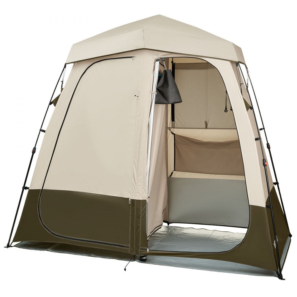 VEVOR Camping Shower Tent, 2-Room Foldable Privacy Tent Changing Room with Ground Stakes, Ropes, Carry Bag, and Crossbar, 150D Oxford Fabric with Silver Coating, for Camping, Beach, and Fishing