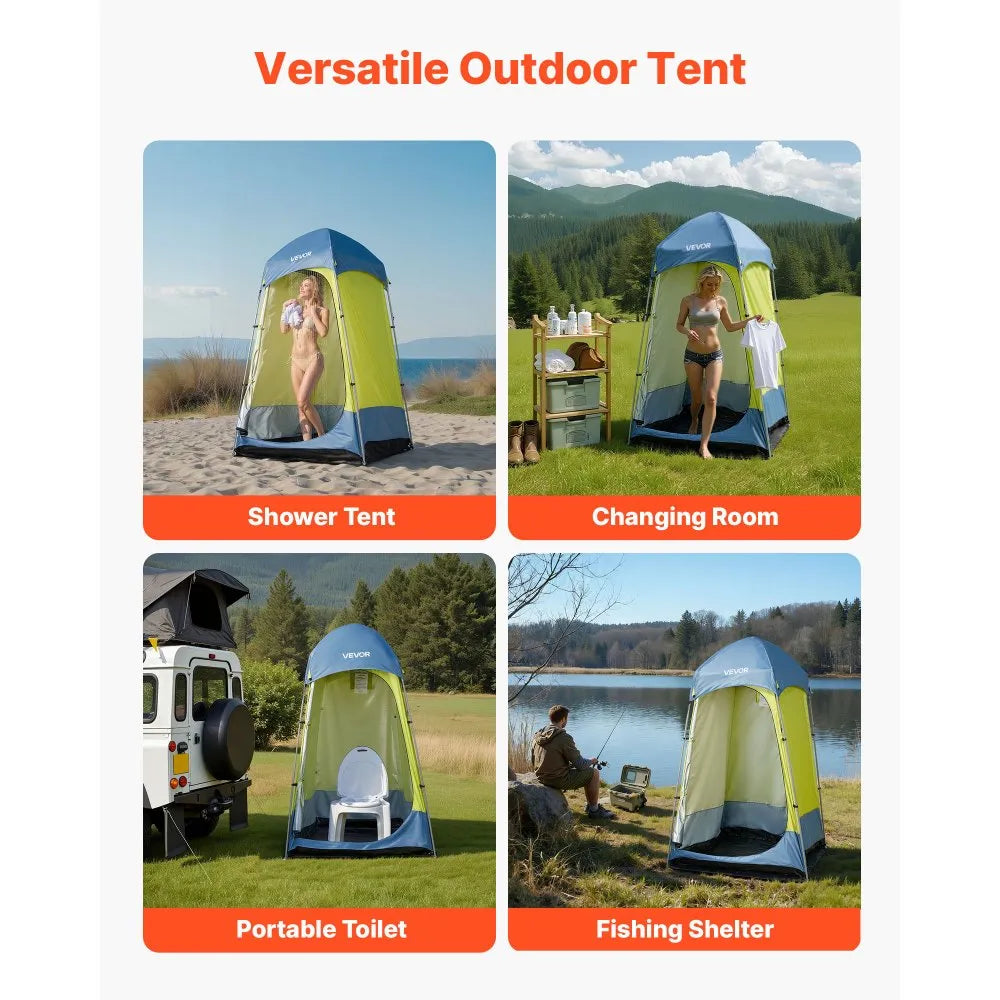 VEVOR Camping Shower Tent, 1 Room, Portable Privacy Tent Changing Room with Ground Stakes, Ropes, Carry Bag, and Steel Poles, 200D Oxford Fabric with Silver Coating, for Camping, Beach, Fishing