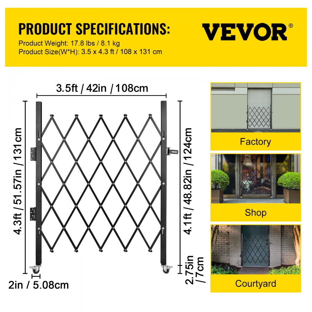 VEVOR Single Folding Security Gate, 48\" H x 37\" W Folding Door Gate, Steel Accordion Security Gate, Flexible Expanding Security Gate, 360° Rolling Barricade Gate, Scissor Gate or Door with Padlock