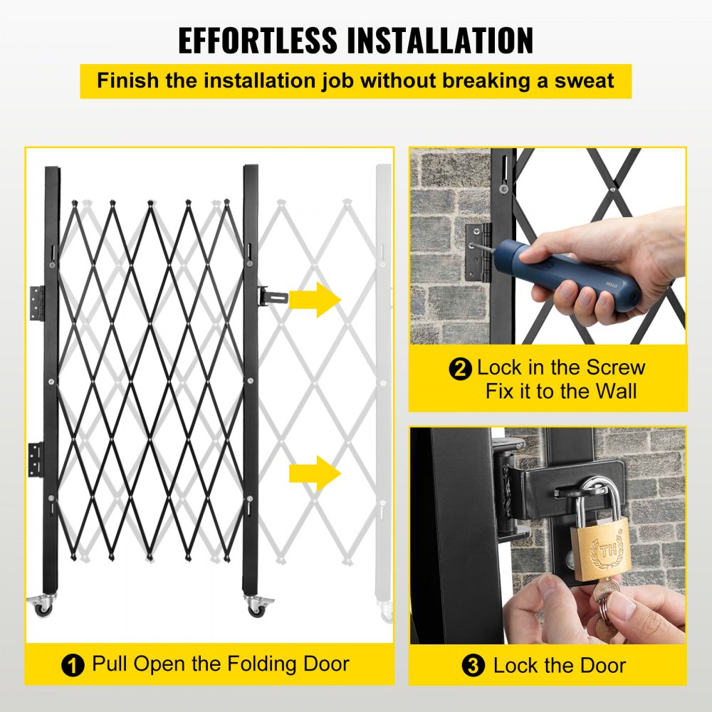 VEVOR Single Folding Security Gate, 5\' H x 5-1/2\' W Folding Door Gate, Steel Accordion Security Gate, Flexible Expanding Security Gate, 360° Rolling Barricade Gate, Scissor Gate/Door with Padlock