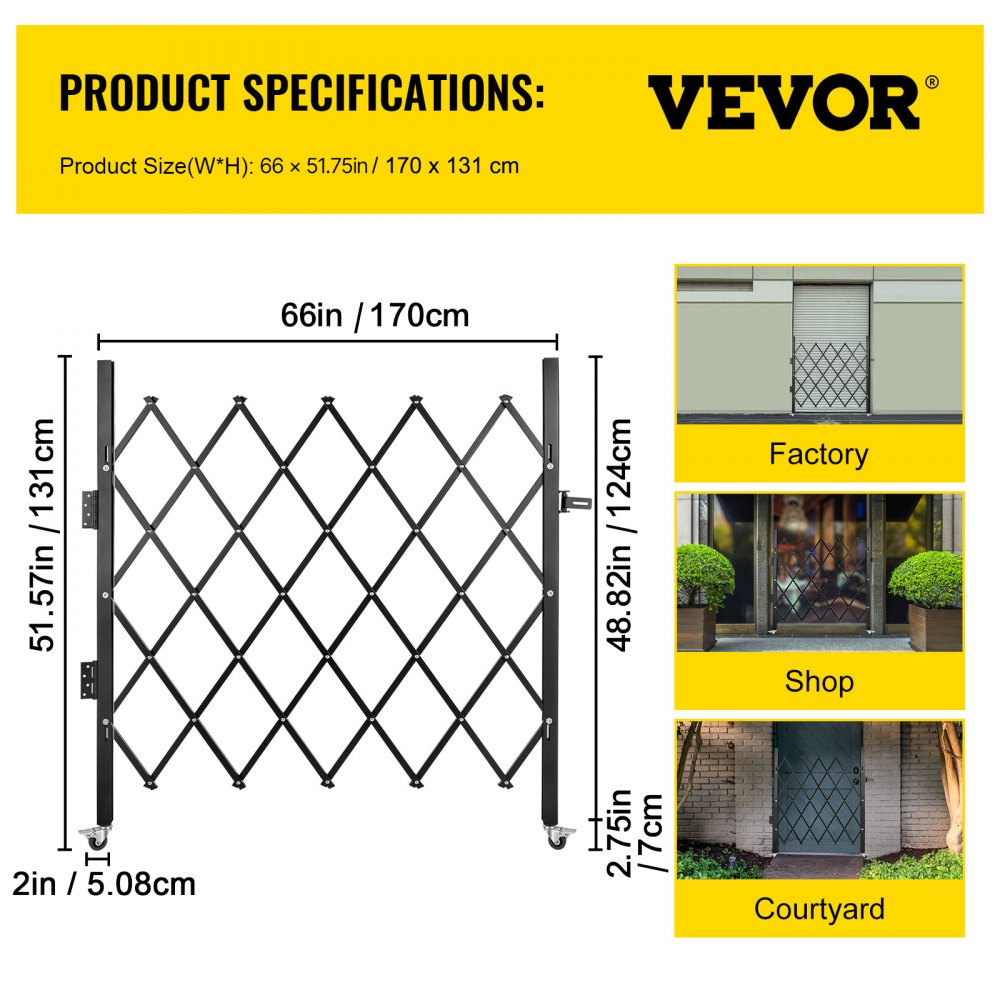 VEVOR Single Folding Security Gate, 48\" H x 66\" W Folding Door Gate, Steel Accordion Security Gate, Flexible Expanding Security Gate, 360° Rolling Barricade Gate, Scissor Gate or Door with Padlock