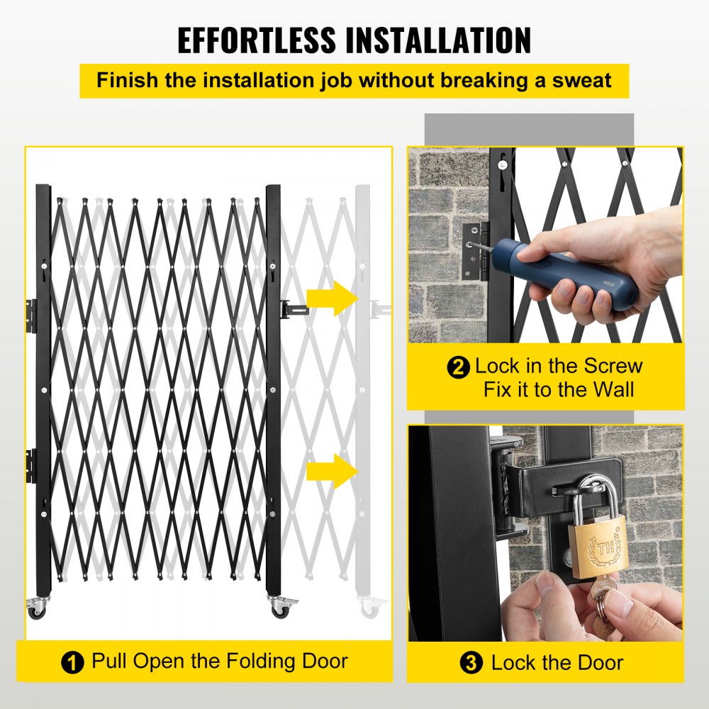 Single Folding Security Gate, 74"W x 51.57"H Folding Door Gate, Steel Accordion Security Gate, Flexible Expanding Security Gate, 360° Rolling Barricade Gate, Scissor Gate or Door with Padlock