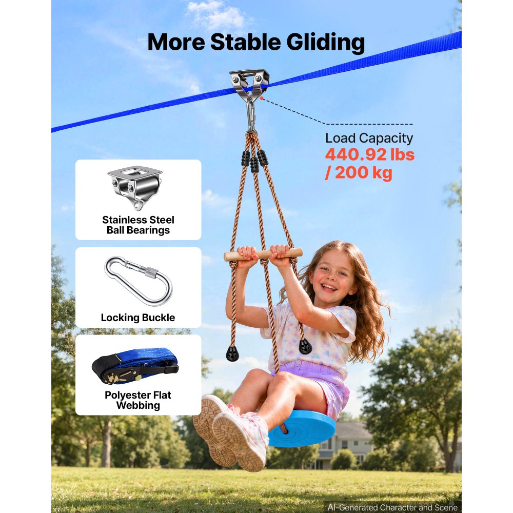 VEVOR Zipline Kit, 52 ft, Polyester Strap, Backyard Zipline, Up to 330 lb, for Backyard Play, Durable Zipline for Kids with Ratchet Tensioner, Swing Seat & 3-in-1 Setup, Ages 6-16, Not for Adults