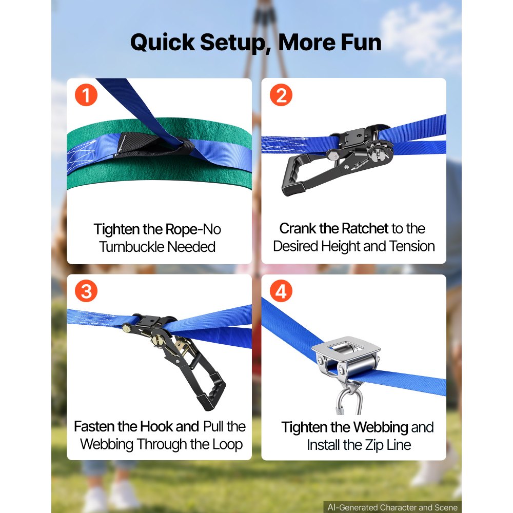 VEVOR Zipline Kit, 52 ft, Polyester Strap, Backyard Zipline, Up to 330 lb, for Backyard Play, Durable Zipline for Kids with Ratchet Tensioner, Swing Seat & 3-in-1 Setup, Ages 6-16, Not for Adults