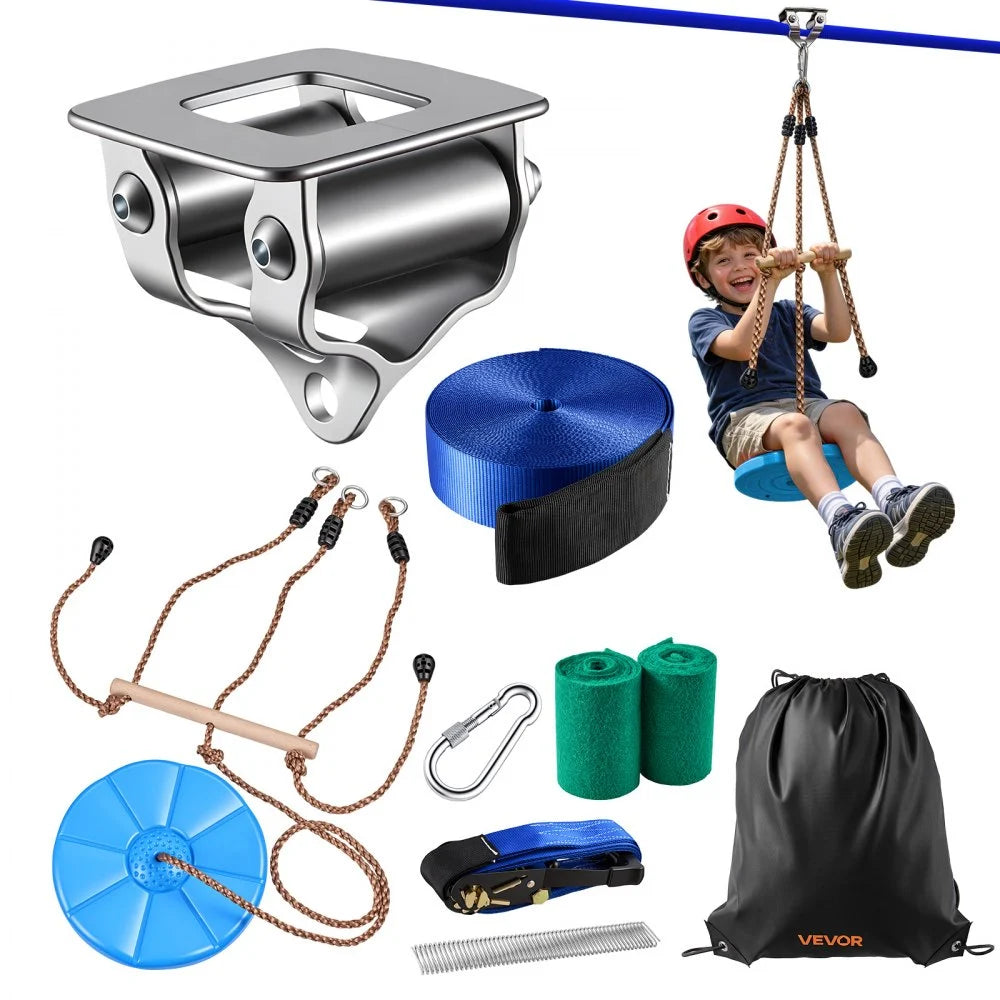 VEVOR Zipline Kit, 52 ft, Polyester Strap, Backyard Zipline, Up to 330 lb, for Backyard Play, Durable Zipline for Kids with Ratchet Tensioner, Swing Seat & 3-in-1 Setup, Ages 6-16, Not for Adults