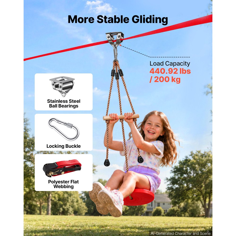 VEVOR Zipline Kit, 65 ft, Polyester Strap, Backyard Zipline, Up to 330 lb, for Backyard Play, Durable Zipline for Kids with Ratchet Tensioner, Swing Seat & 3-in-1 Setup, Ages 6-16, Not for Adults