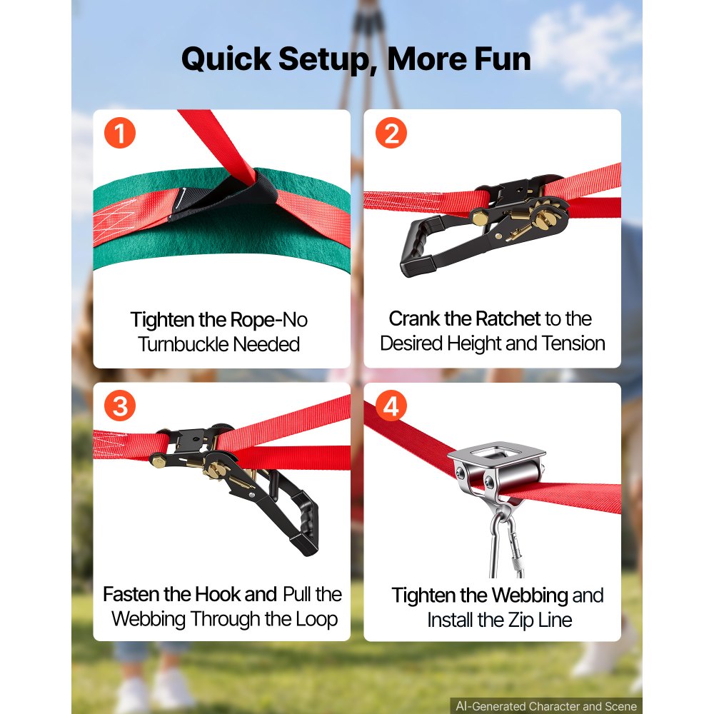 VEVOR Zipline Kit, 65 ft, Polyester Strap, Backyard Zipline, Up to 330 lb, for Backyard Play, Durable Zipline for Kids with Ratchet Tensioner, Swing Seat & 3-in-1 Setup, Ages 6-16, Not for Adults