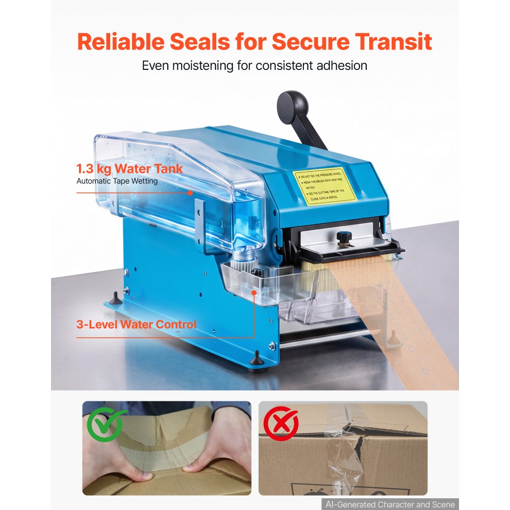 VEVOR Water-Activated Tape Dispenser 4–40 Inch Kraft Gummed Tape Cutter, 4–40 inch Adjustable Cut Length, 40–100mm Tape Width, Manual Water-Activated Tape Cutter for Carton Sealing & Box Packing