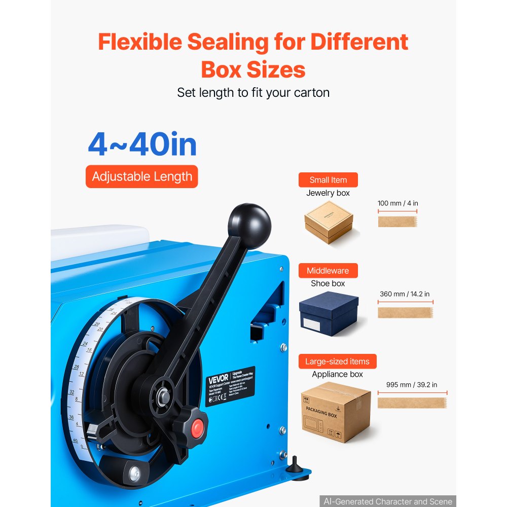VEVOR Water-Activated Tape Dispenser 4–40 Inch Kraft Gummed Tape Cutter, 4–40 inch Adjustable Cut Length, 40–100mm Tape Width, Manual Water-Activated Tape Cutter for Carton Sealing & Box Packing