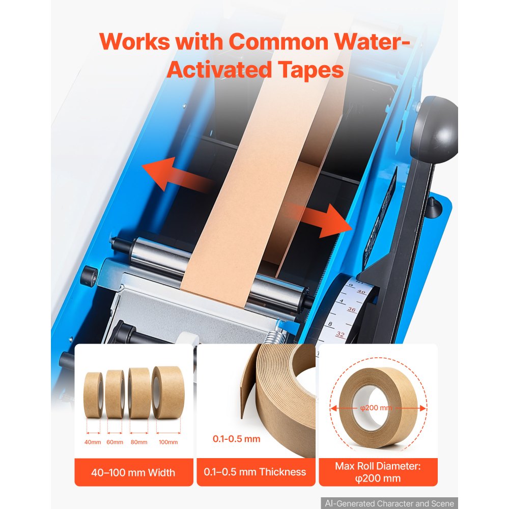 VEVOR Water-Activated Tape Dispenser 4–40 Inch Kraft Gummed Tape Cutter, 4–40 inch Adjustable Cut Length, 40–100mm Tape Width, Manual Water-Activated Tape Cutter for Carton Sealing & Box Packing