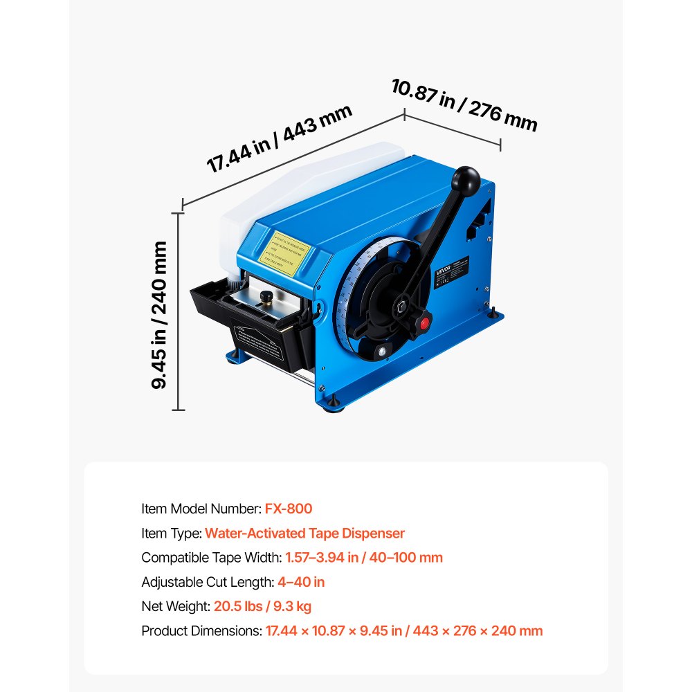 VEVOR Water-Activated Tape Dispenser 4–40 Inch Kraft Gummed Tape Cutter, 4–40 inch Adjustable Cut Length, 40–100mm Tape Width, Manual Water-Activated Tape Cutter for Carton Sealing & Box Packing
