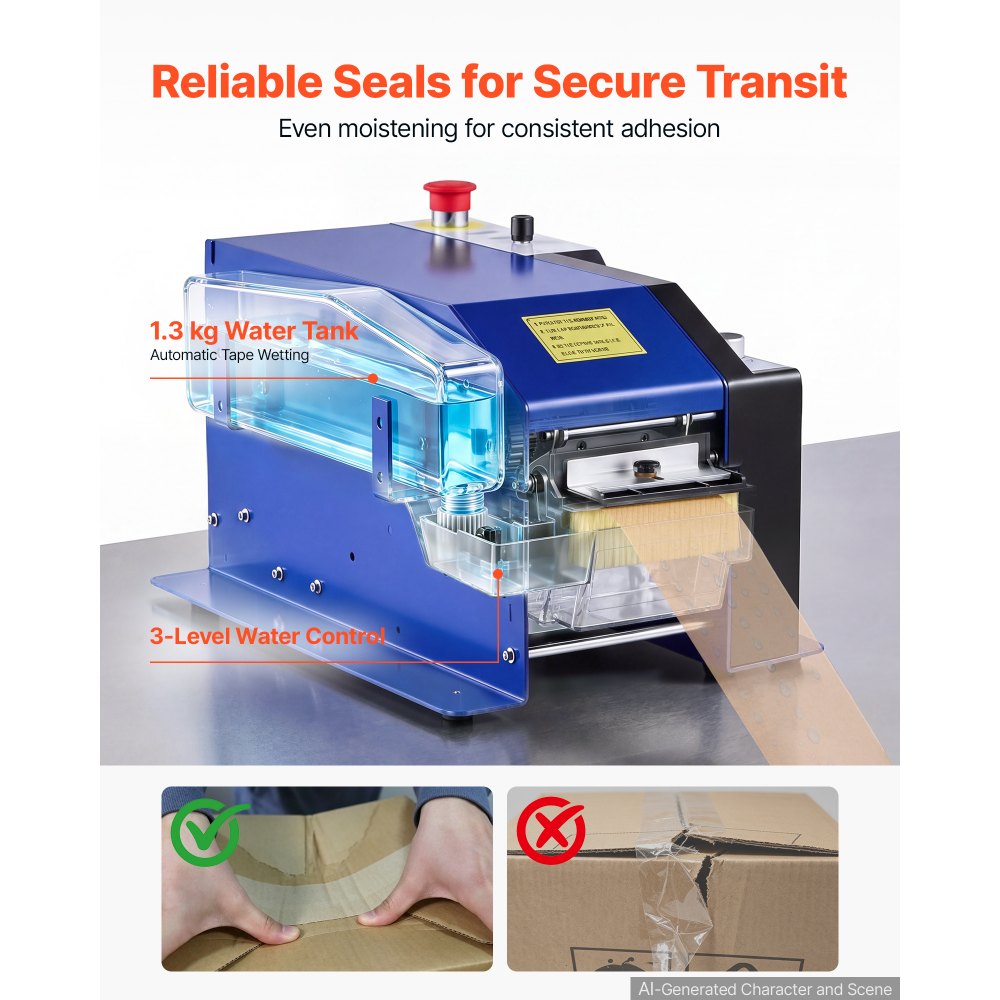 VEVOR Water-Activated Tape Dispenser, Automatic Kraft Gummed Tape Dispenser, 100–995mm Adjustable Length, 40–100mm Tape Width, 110V Electric Water-Activated Tape Cutter for Carton Sealing, Box Packing