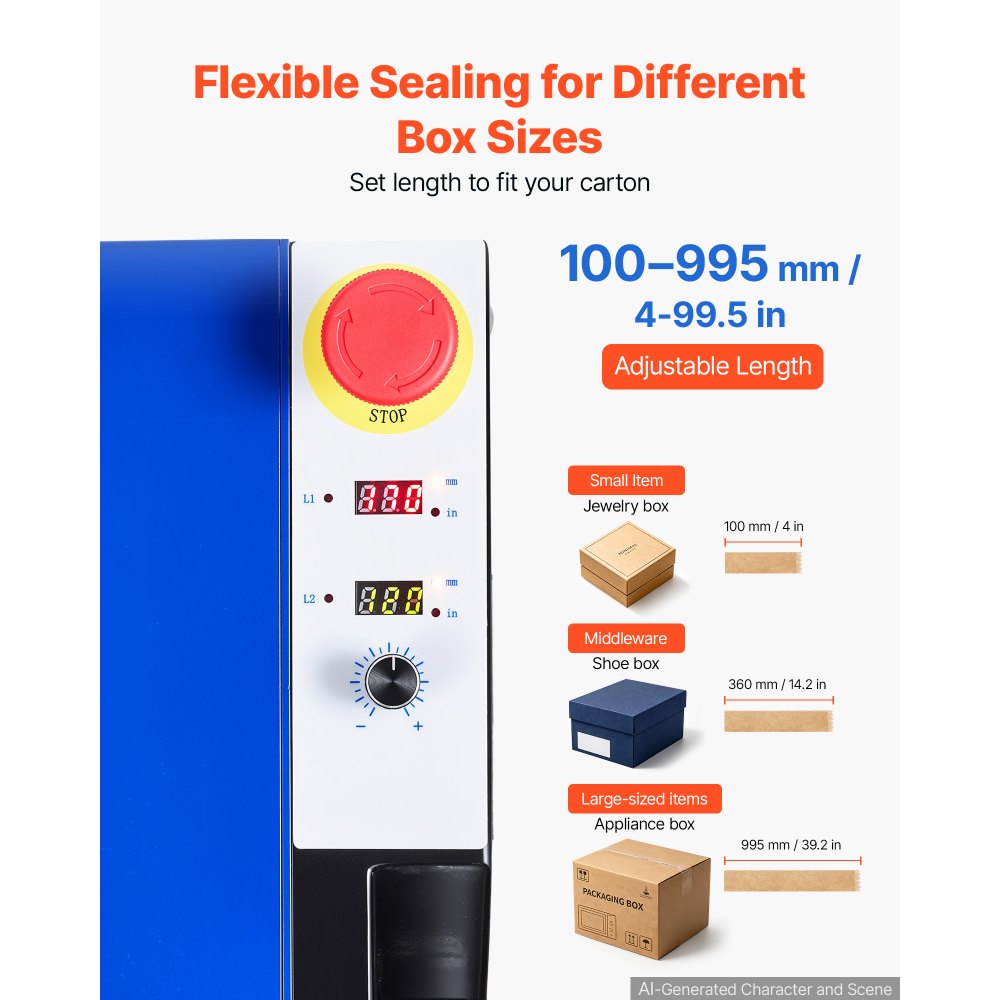 VEVOR Water-Activated Tape Dispenser, Automatic Kraft Gummed Tape Dispenser, 100–995mm Adjustable Length, 40–100mm Tape Width, 110V Electric Water-Activated Tape Cutter for Carton Sealing, Box Packing