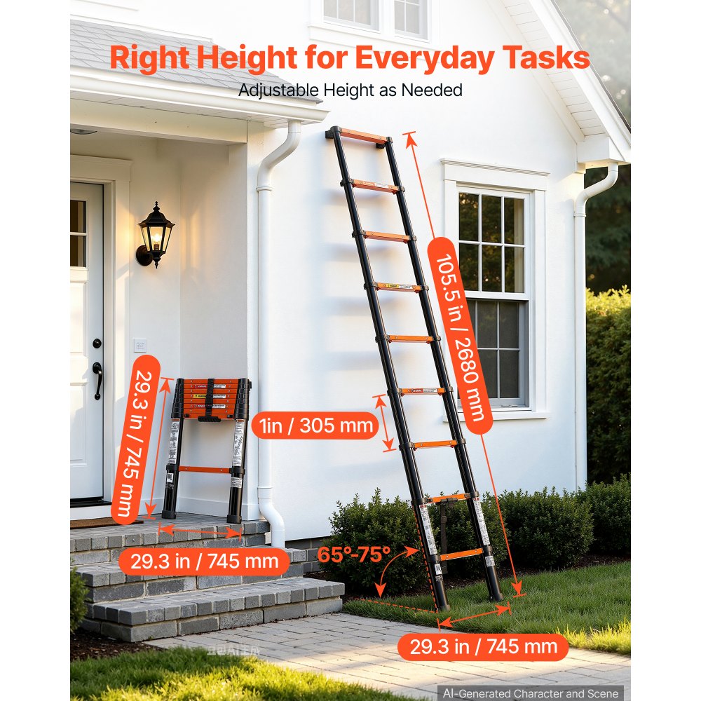VEVOR Telescoping Ladder, 8.5 ft Extension Ladder One-Button Retraction, Heavy-Duty 330 lbs Capacity, for Home Repairs, Painting, Window Cleaning and RV, Aluminum, Anti-Slip Steps, Orange & Black