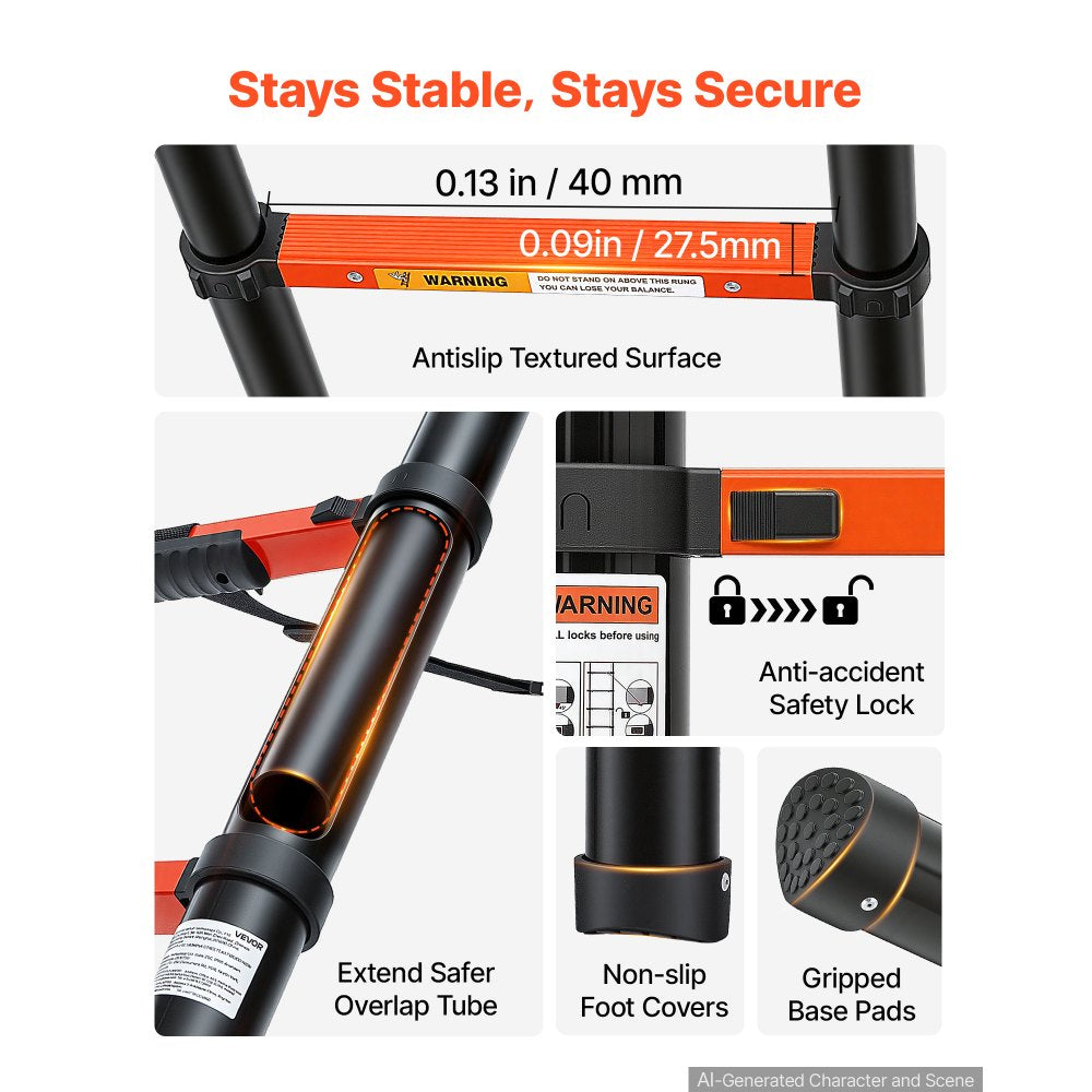 VEVOR Telescoping Ladder, 8.5 ft Extension Ladder One-Button Retraction, Heavy-Duty 330 lbs Capacity, for Home Repairs, Painting, Window Cleaning and RV, Aluminum, Anti-Slip Steps, Orange & Black