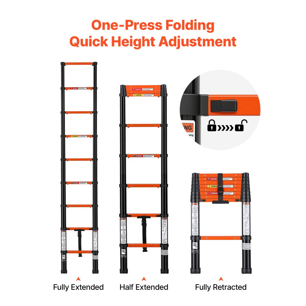 VEVOR Telescoping Ladder, 8.5 ft Extension Ladder One-Button Retraction, Heavy-Duty 330 lbs Capacity, for Home Repairs, Painting, Window Cleaning and RV, Aluminum, Anti-Slip Steps, Orange & Black
