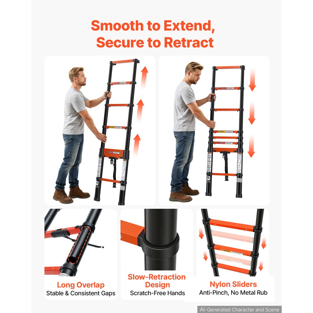 VEVOR Telescoping Ladder, 8.5 ft Extension Ladder One-Button Retraction, Heavy-Duty 330 lbs Capacity, for Home Repairs, Painting, Window Cleaning and RV, Aluminum, Anti-Slip Steps, Orange & Black