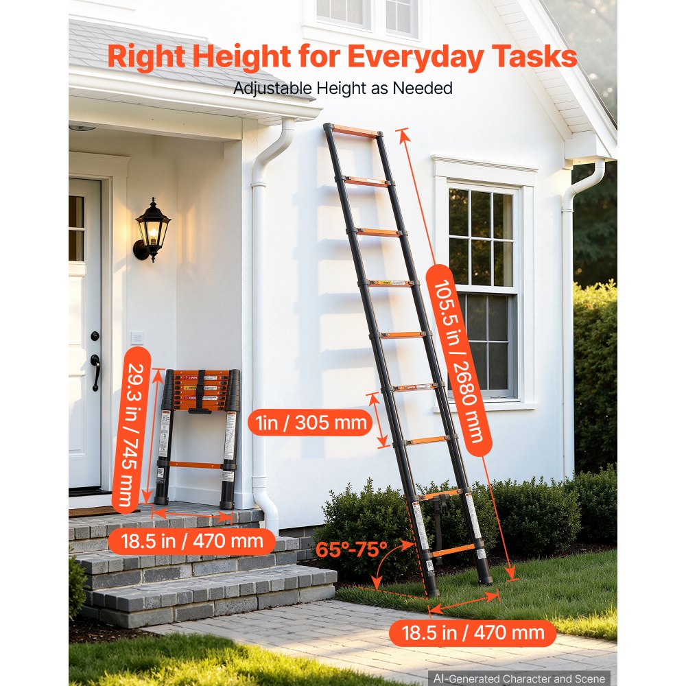 VEVOR Telescoping Ladder, 8.5 ft Extension Ladder Multi-Button Retraction, Heavy-Duty 330 lbs Capacity, for Home Repairs, Painting, Window Cleaning and RV, Aluminum, Anti-Slip Steps, Orange & Black