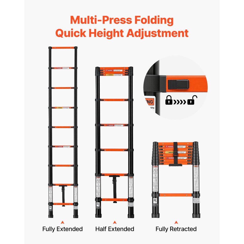 VEVOR Telescoping Ladder, 8.5 ft Extension Ladder Multi-Button Retraction, Heavy-Duty 330 lbs Capacity, for Home Repairs, Painting, Window Cleaning and RV, Aluminum, Anti-Slip Steps, Orange & Black