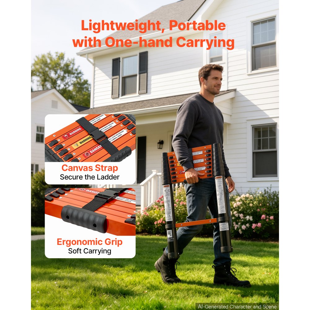 VEVOR Telescoping Ladder, 8.5 ft Extension Ladder Multi-Button Retraction, Heavy-Duty 330 lbs Capacity, for Home Repairs, Painting, Window Cleaning and RV, Aluminum, Anti-Slip Steps, Orange & Black