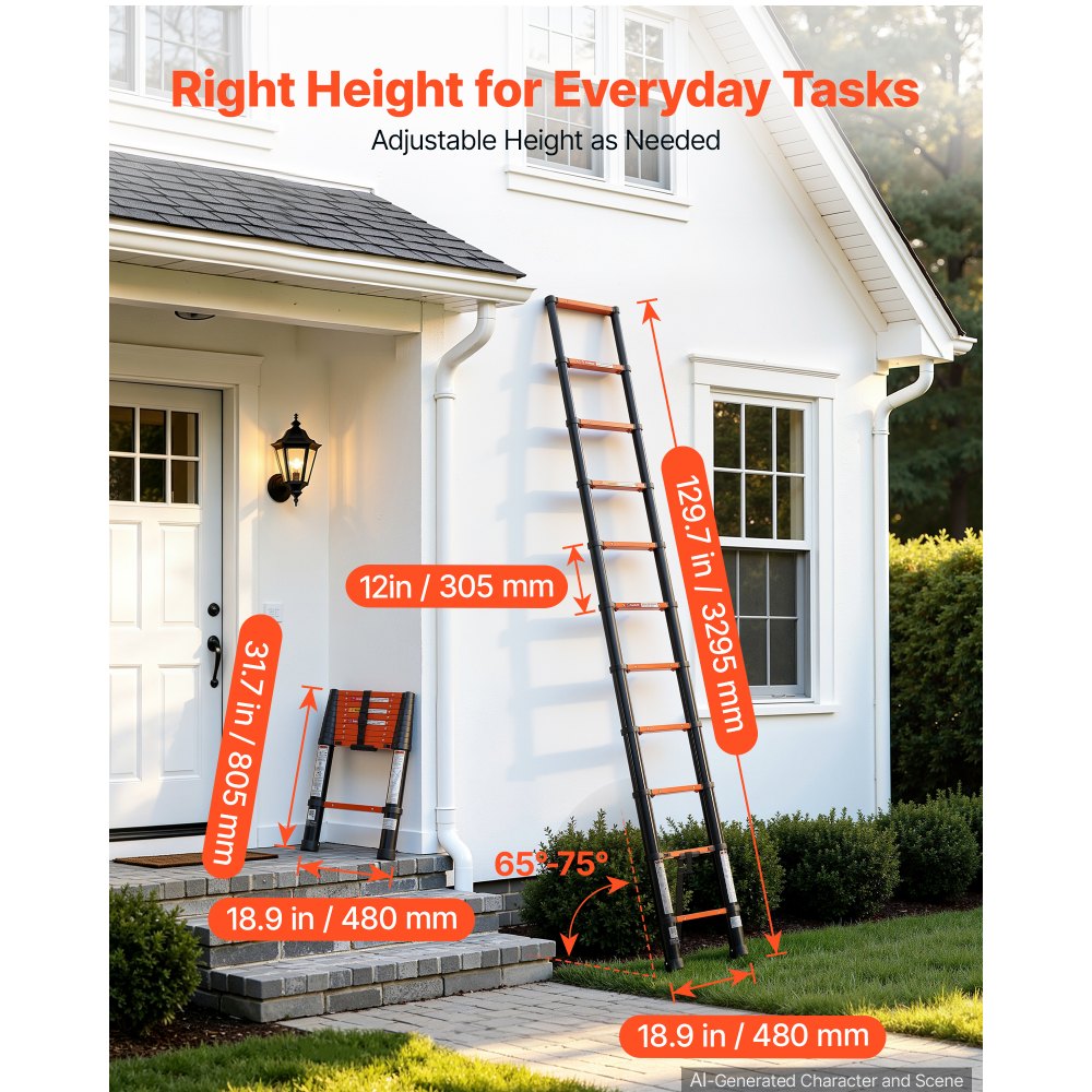 VEVOR Telescoping Ladder, 10.5 ft Extension Ladder One-Button Retraction, Heavy-Duty 330 lbs Capacity, for Home Repairs, Painting, Window Cleaning and RV, Aluminum, Anti-Slip Steps, Orange & Black
