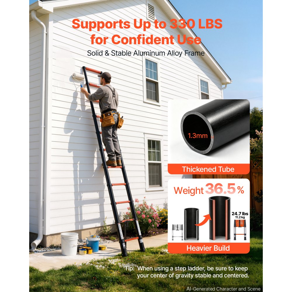 VEVOR Telescoping Ladder, 10.5 ft Extension Ladder One-Button Retraction, Heavy-Duty 330 lbs Capacity, for Home Repairs, Painting, Window Cleaning and RV, Aluminum, Anti-Slip Steps, Orange & Black